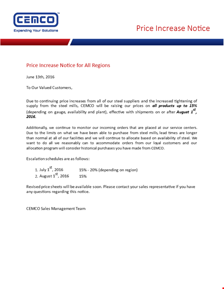 price increase notice for steel: communicate the price adjustment in a professional letter template