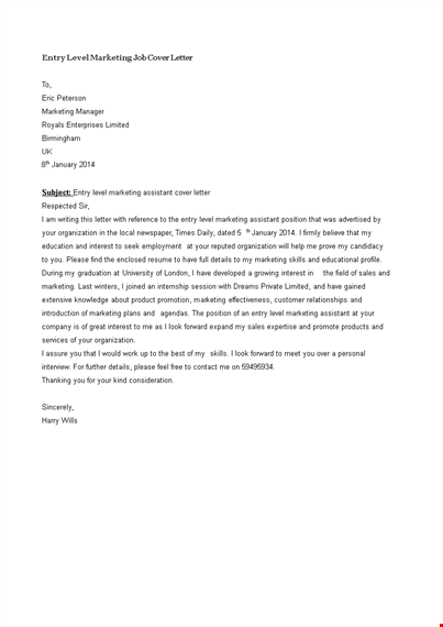 entry level marketing job cover letter - marketing assistant | ctr optimized template