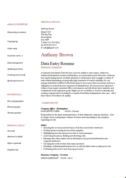 sample resume for data entry operator template