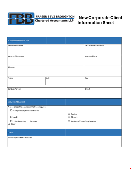 new corporate client information sheet template template