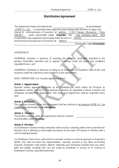 distribution agreement: ensuring seamless product distribution between exporter and distributor template