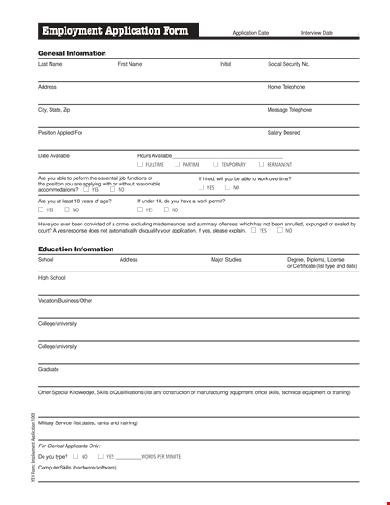 generic employment application in pdf template
