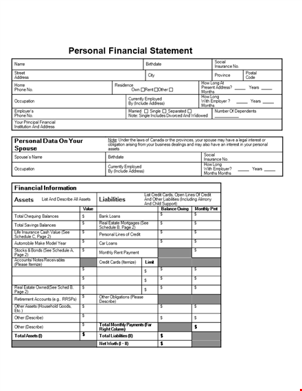 free personal financial statement template - track your credit & total net worth template