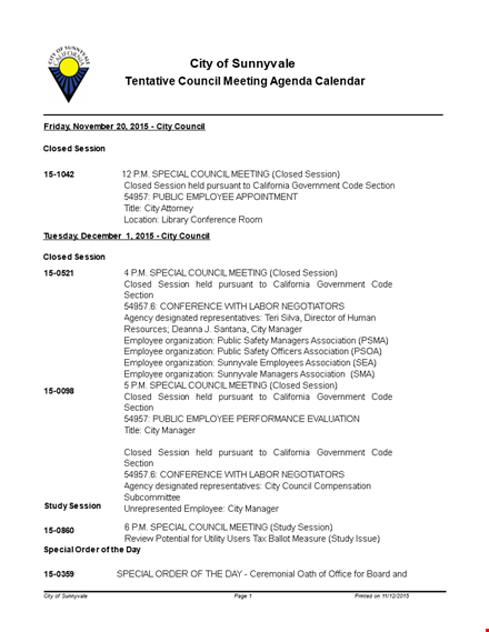 council special session: public daily calendar agenda template template