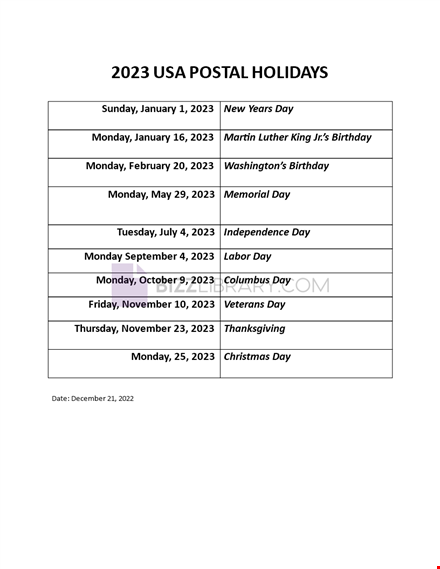 postal holidays 2023 usa template