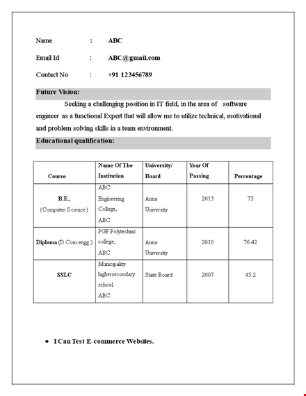 software testing engineer fresher resume template