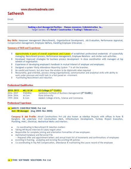 sample asst hr manager resume format template