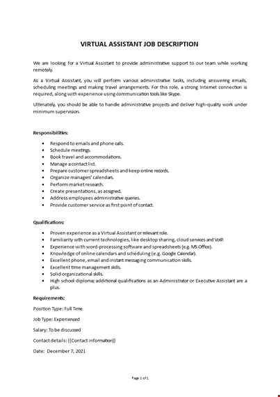 virtual assistant job description template