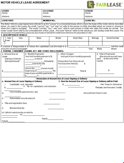 motor vehicle lease agreement template - affordable and comprehensive lease for vehicles template