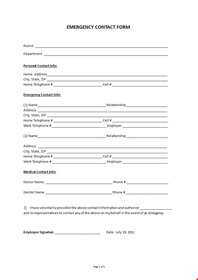 emergency contact form template