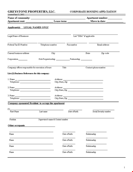 corporate housing rental application template