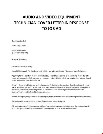 audio video equipment technician cover letter template