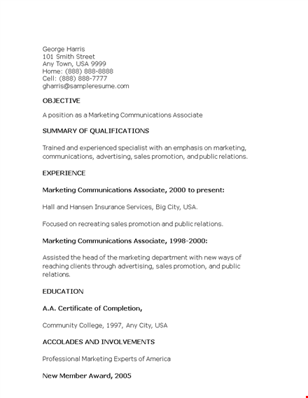 marketing communications associate resume template