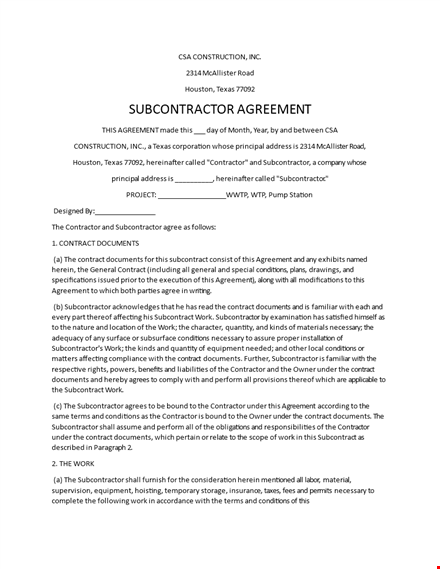 subcontractor agreement template - simplify contractor work template