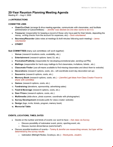 reunion planning agenda template template