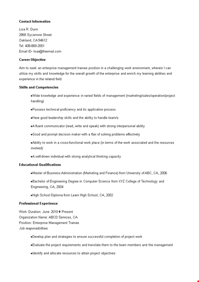 enterprise manager trainee resume template