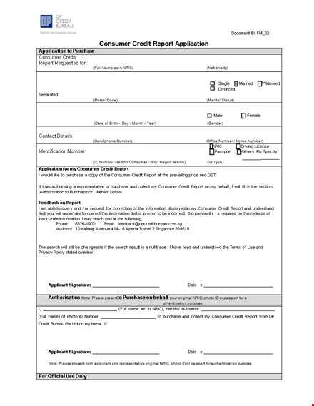 free consumer credit report application template