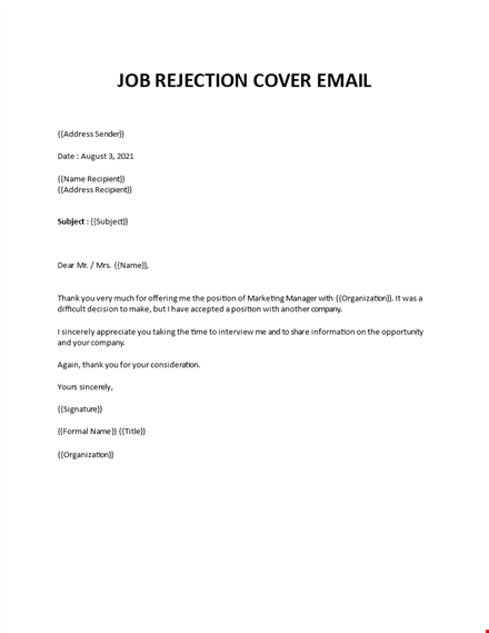 job rejection cover email template