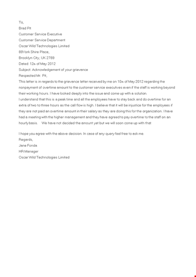 grievance application acknowledgement letter template