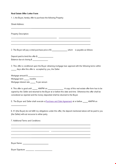 sample real estate offer letter form template