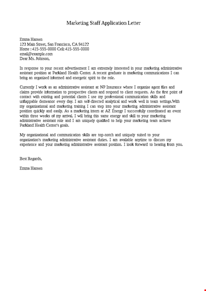 marketing staff application letter template
