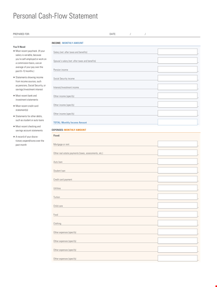 personal cash flow statement: format, expenses, monthly income & more template