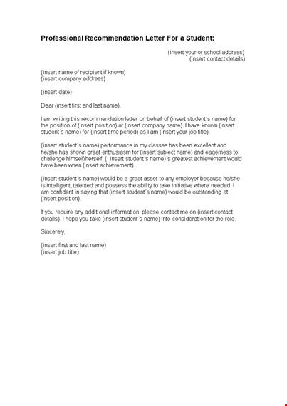 recommendation letter for a student template