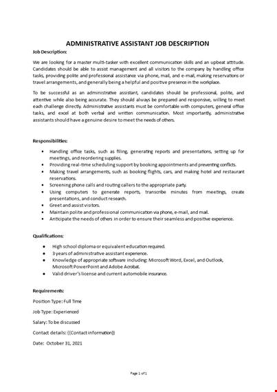 administrative assistant job description template