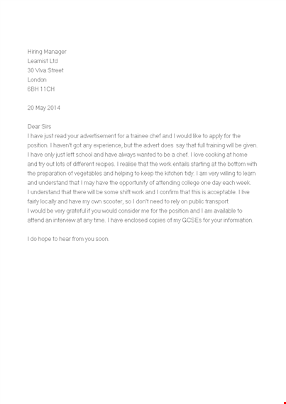 job application letter for trainee chef template