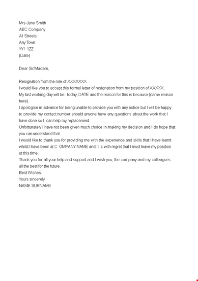 immediate resignation letter without notice period template