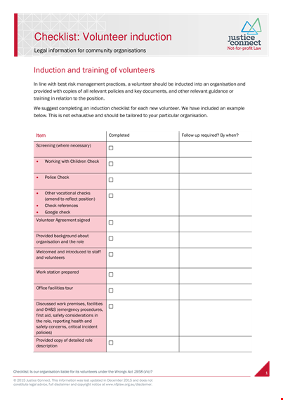 volunteer induction checklist template template