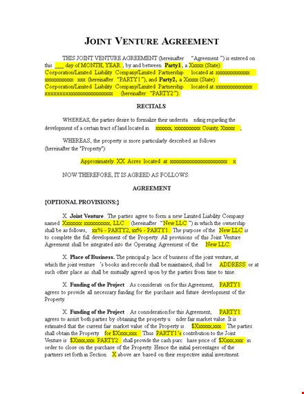 joint venture agreement template - create an effective agreement for property partnerships template