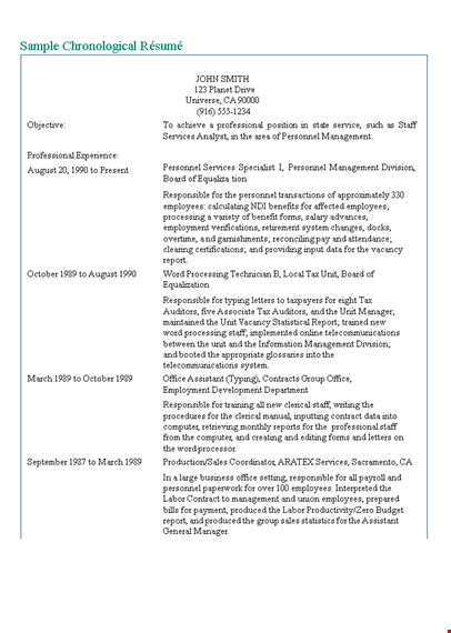 responsible personnel management: office assistant chronological resume template