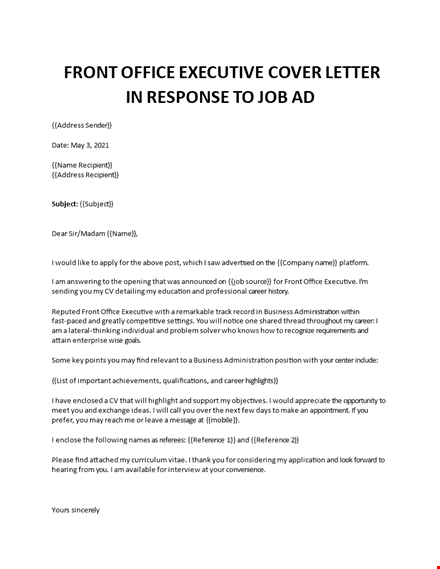 front office executive cover letter  template