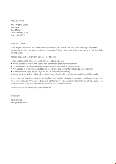 job application letter for chef without experience template