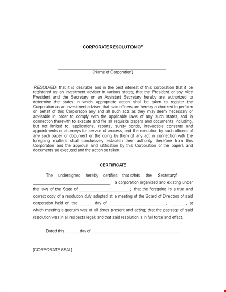 create a corporate resolution form for your corporation - secretary assistance available template