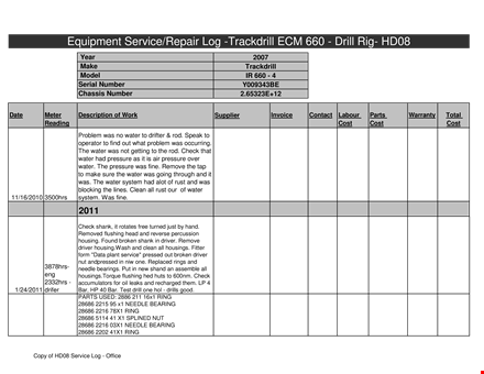 equipment service log template template