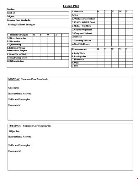 common core weekly lesson plan template template
