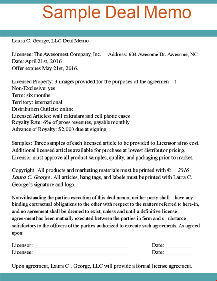 licensed agreement template - create a deal memo with george & laura template