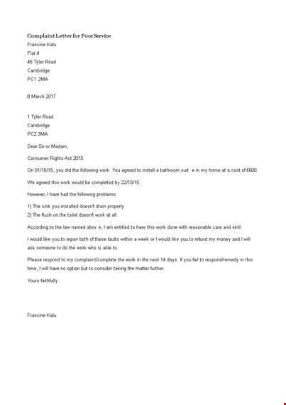 sample complaint letter for poor service template