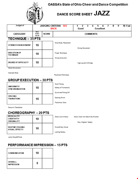 dance score sheet template - evaluate dance routine movement, transitions, and technique template