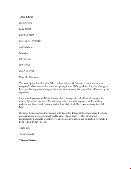mca fresher resume cover letter template