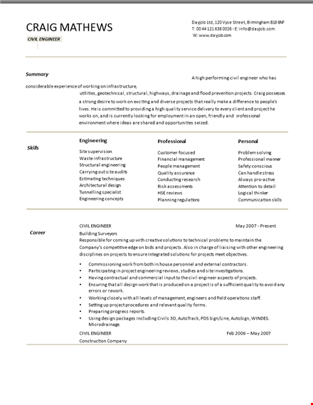 civil engineering resume sample template