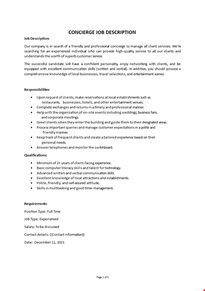 concierge job description template