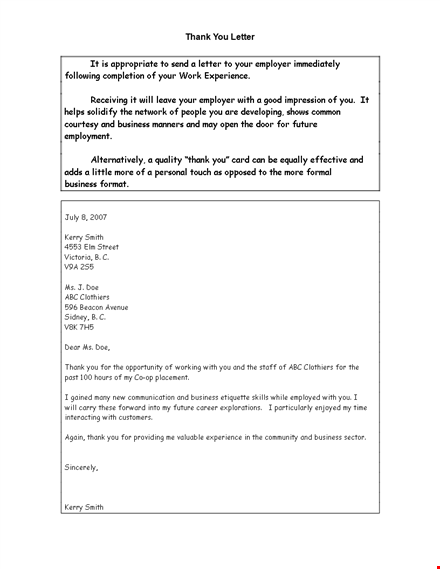 example of thank you letter to employer template