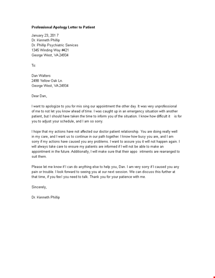 professional apology letter to patient template