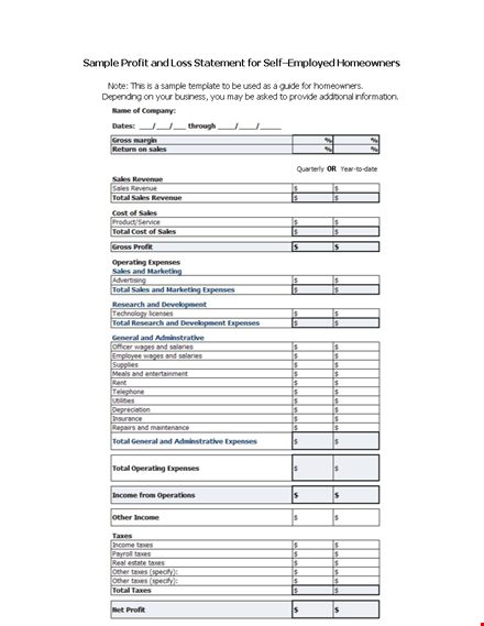 printable profit and loss statement form | track expenses, sales, profit, and total income template