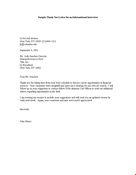 sample thank you letter for an informational interview template