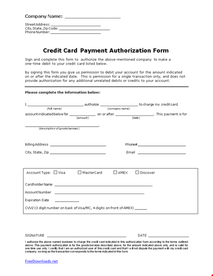 credit card payment authorization form template
