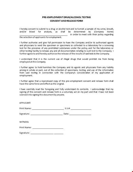 pre employment drug test consent form | company release & employment testing consent template